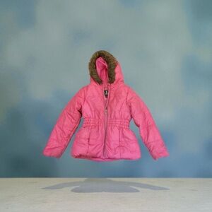 Pink Hooded Puffer Jacket with Faux Fur Trim